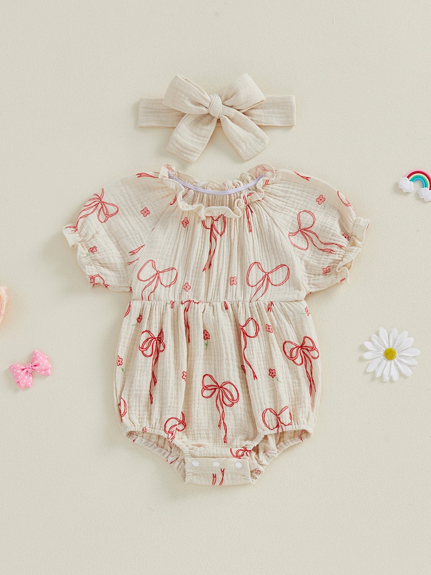 Baby Girls 2Pcs Outfit Cute Short Sleeve Round Neck Bow Flower Print Jumpsuit with Headband Set