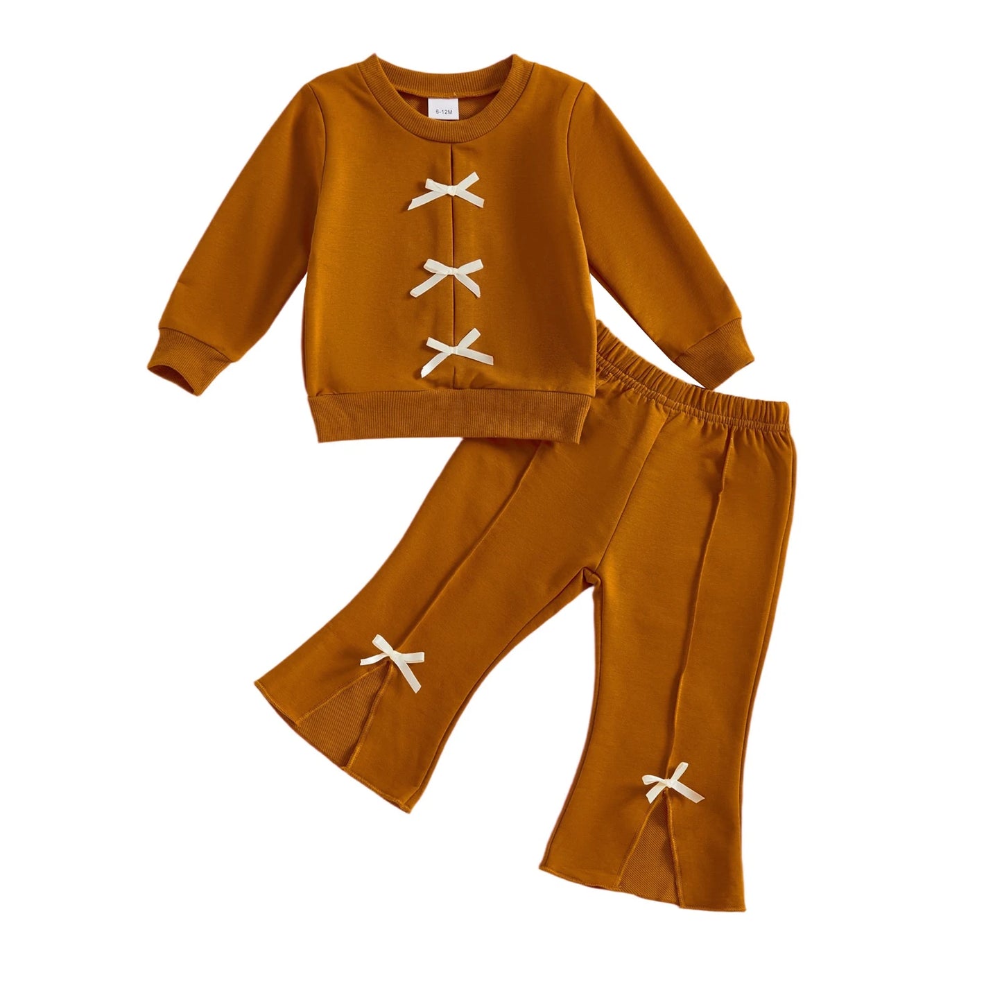 Baby Toddler Girl 2Pcs Fall Outfit Bow Decor Long Sleeve Round Neck Pullover Top + Elastic Waist Flare Pants 2Pcs Set