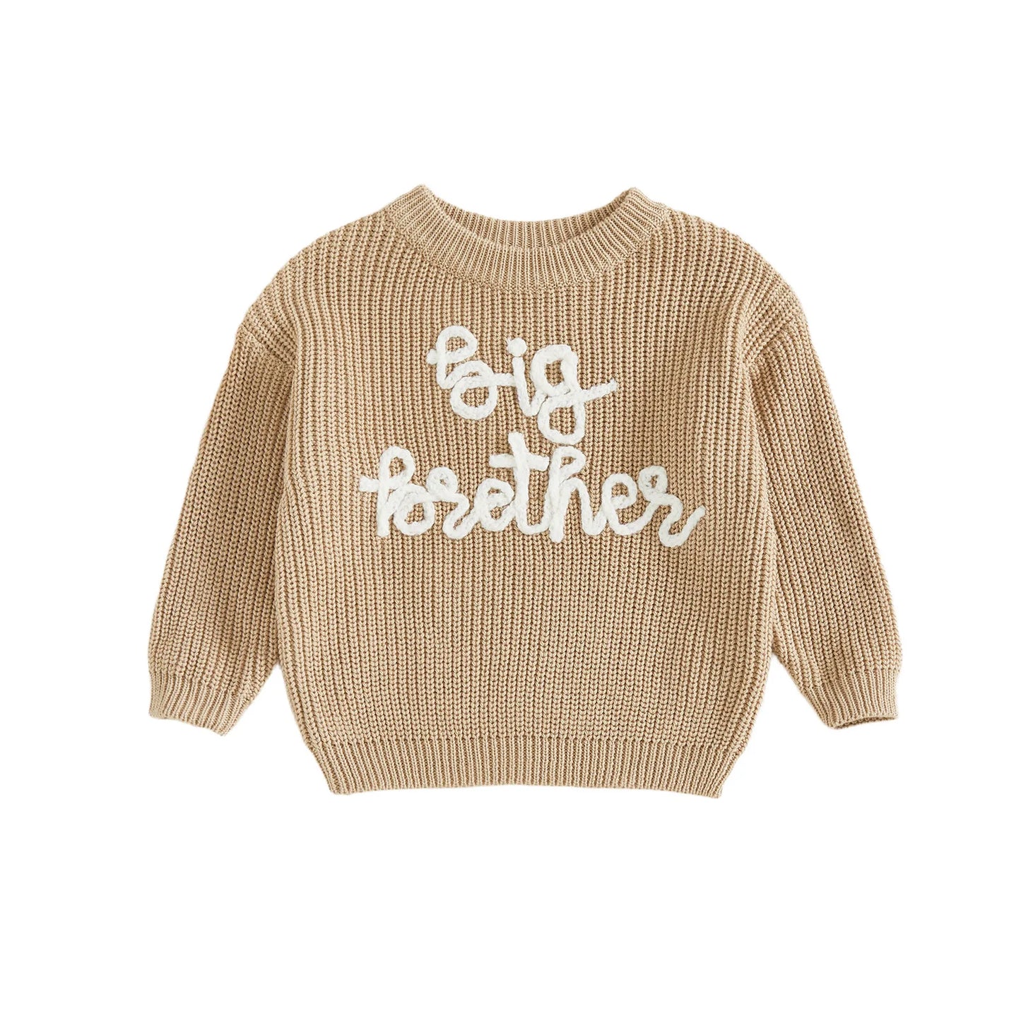 Toddler Boy Big Brother Fall Sweater Letter Embroidered Crewneck Long Sleeve Pullover Chunky Knit Tops