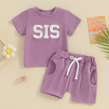 Load image into Gallery viewer, Baby Toddler Girl 2Pcs SIS Spring Summer Clothes Short Sleeve Letter Embroidery Top Drawstring Shorts Outfit Set Siblings Sister
