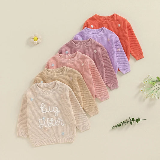 Toddler Kids Girl Big Sister Sweater Cute Long Sleeve Letter Embroidery Knit Pullover Loose Top