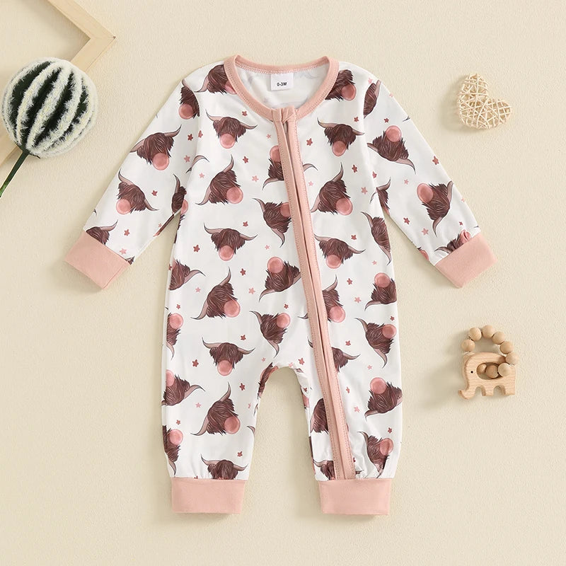 Baby Toddler Boys Girls Casual Jumpsuit Long Sleeve Cattle Head Cow Cactus Candy Cane Snowflake Print Zipper Romper