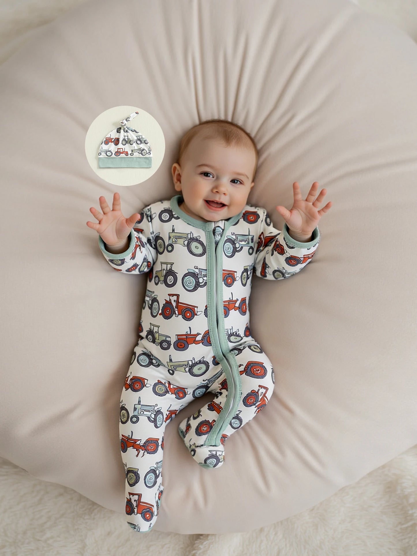 Baby Boys 2Pcs Fall Footed Romper Cute Tractor Pattern Round Neck Long Sleeve Zipper Jumpsuit with Hat Set