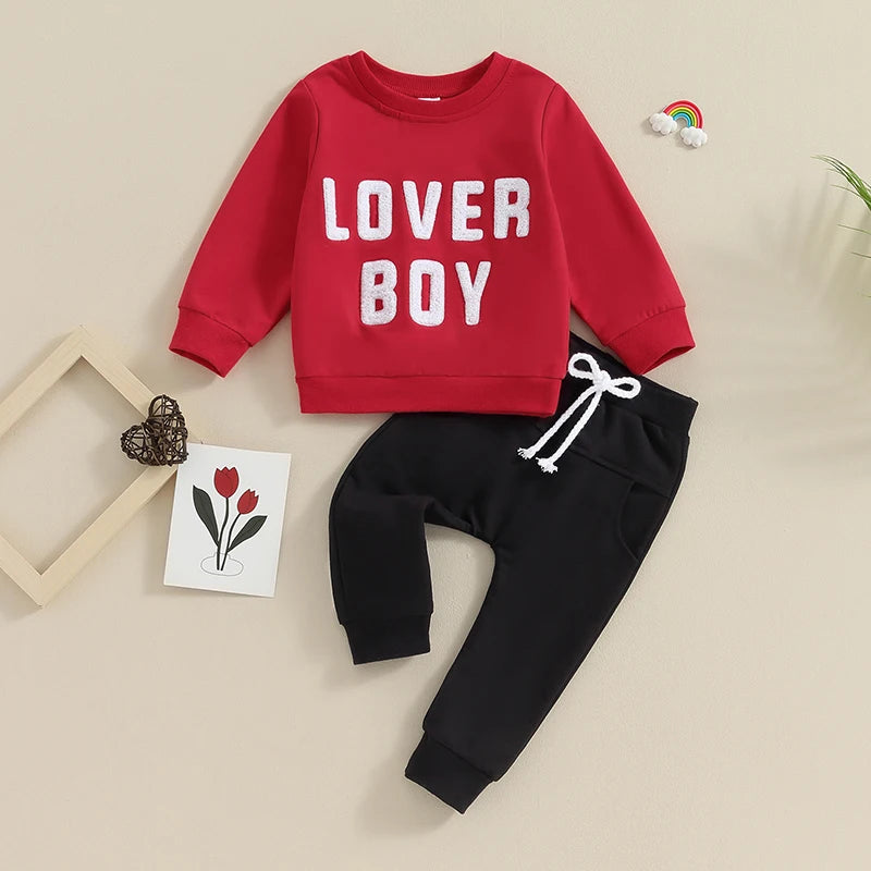 Baby Toddler Boys 2Pcs Valentine’s Day Outfit Long Sleeve Letters Lover Boy Crew Neck Top + Jogger Pants Set