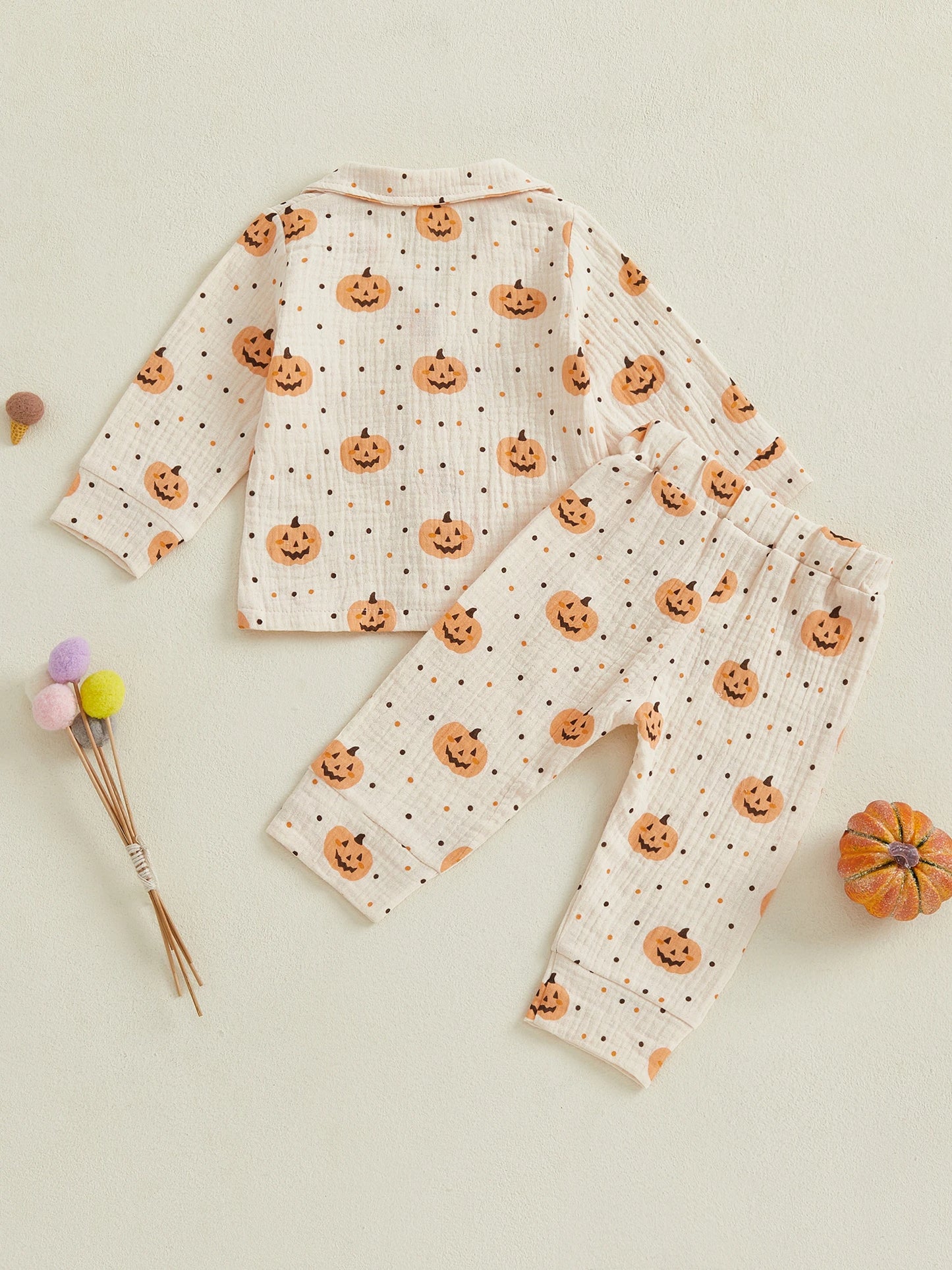 Baby Toddler Boys Girls 2Pcs Halloween Outfit Pumpkin Print Long Sleeve Shirt + Pants Set Loungewear