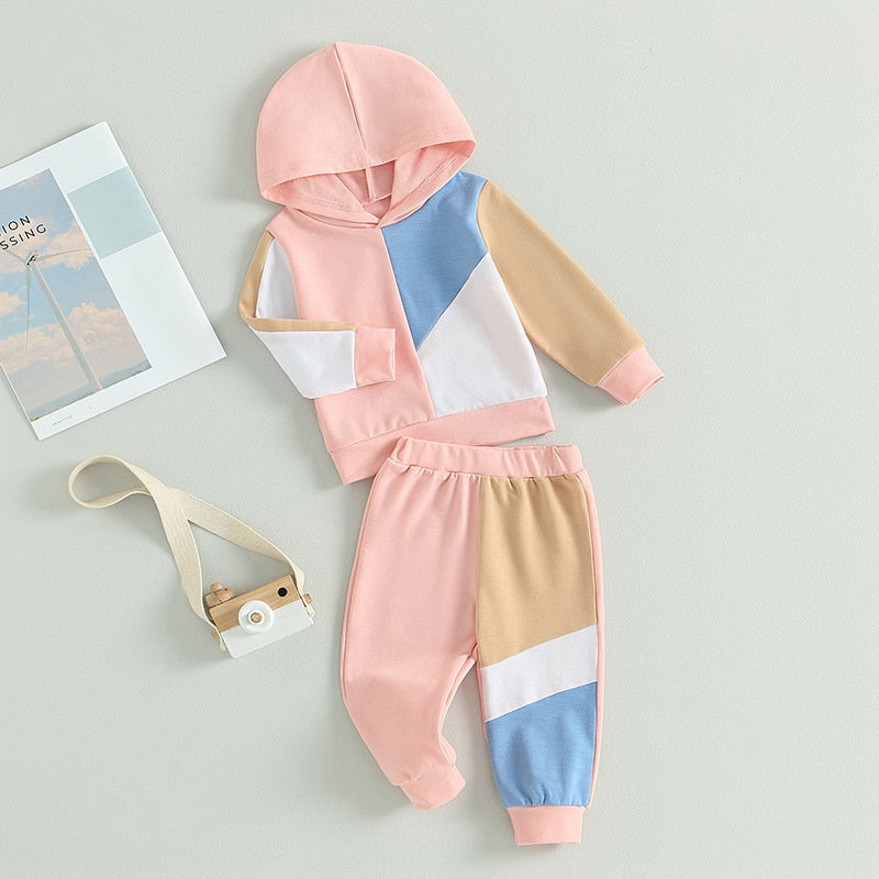 Baby Toddler Boy Girl 2Pcs Outfit Contrast Color Block Long Sleeve Hoodie Long Pant