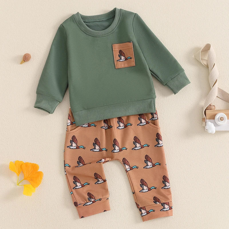 Baby Toddler Boys 2Pcs Outfit Round Neck Long Sleeve Top with Pocket and Wild Duck Bird Print Long Pants Jogger Set