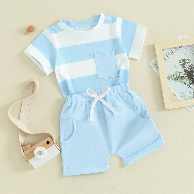 Baby Toddler Boys 2Pcs Summer Outfit Pocket Stripe Short Sleeve Top Elastic Waist Shorts Clothes Set