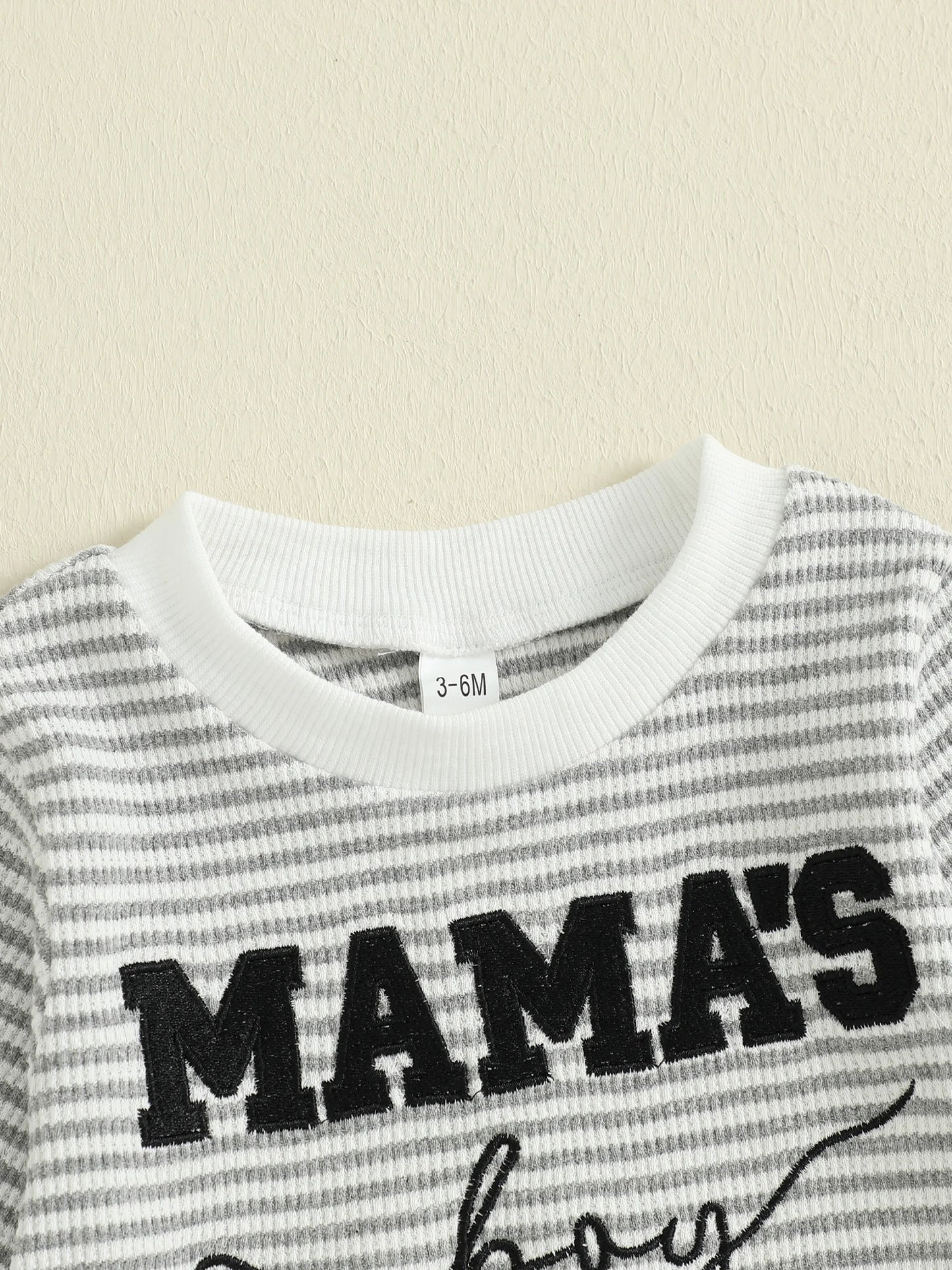 Baby Boys Mama's Boy Fall Romper Letter Embroidery Long Sleeve Round Neck Full Length Waffled Stripe Jumpsuit
