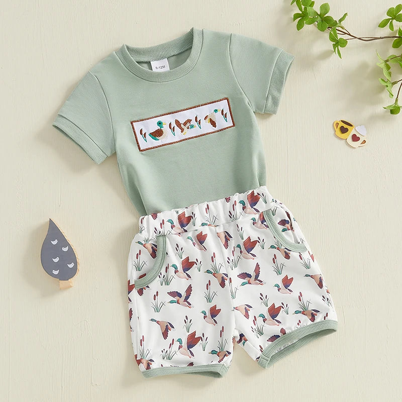 Baby Toddler Boys 2Pcs Summer Outfit Duck Embroidery Short Sleeve Top and Elastic Camouflage Shorts Set