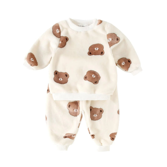 Baby Toddler Boy Girl 2Pcs Winter Clothes Set Thick Warm Pullover Top Pant Suit Bear Print Fleece Two Piece Jogger Set Outfit