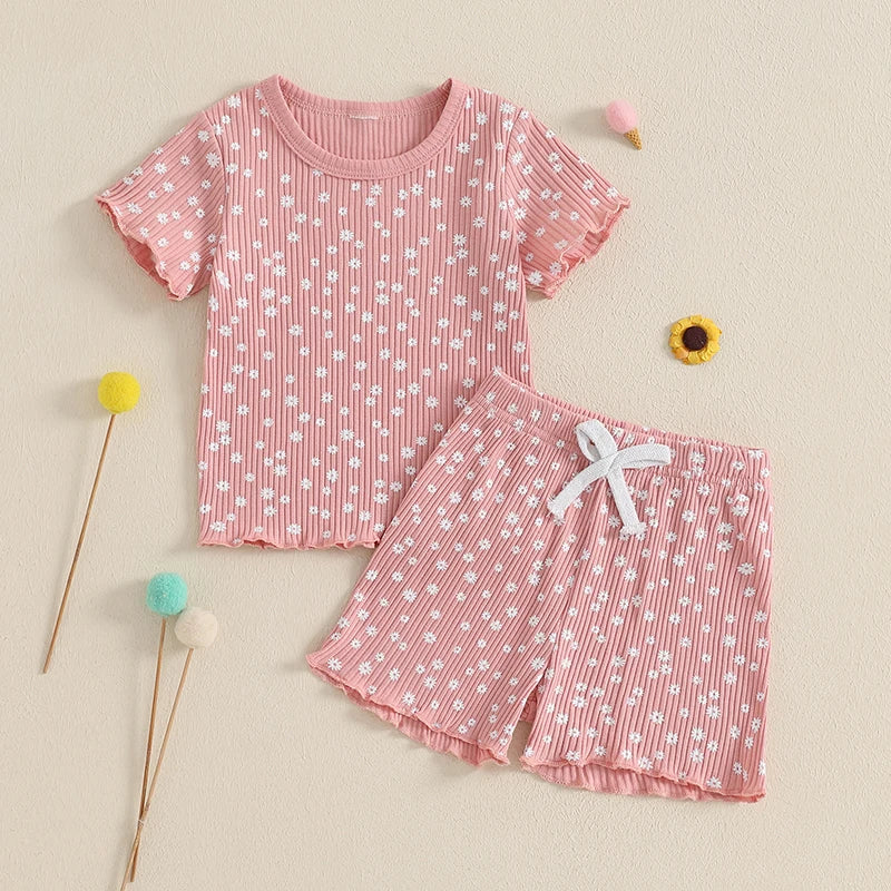 Baby Toddler Girls 2Pcs Flower Set Short Sleeve T-shirt Top With Shorts Floral Outfit