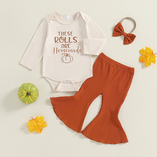 Baby Girls 3Pcs These Rolls Are Homemade Fall Set Letter Pumpkin Print Long Sleeve Romper Ribbed Flare Pants Hairband Outfit