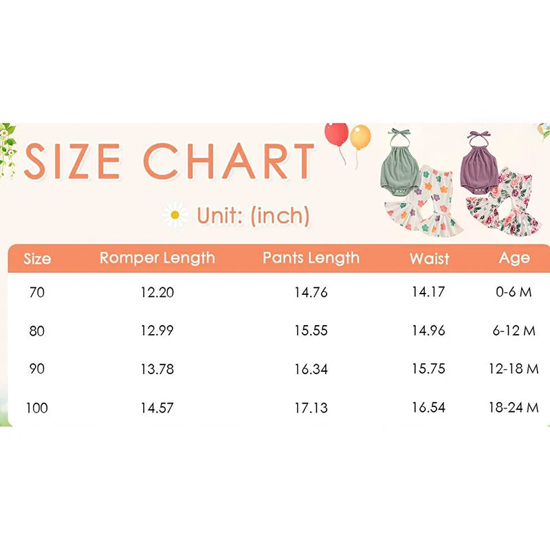 Baby Girl 2Pcs Summer Outfit Tie-Up Halter Neck Sleeveless Romper with Flower Print Flared Pants Set