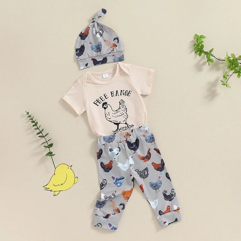 Baby Boys Girl 3Pcs Free Range Outfit Hen Chicken Print Short Sleeve Romper with Pants and Hat Set