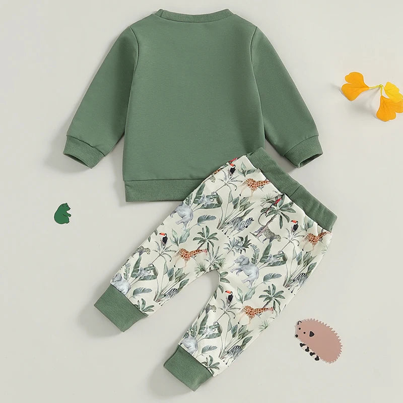 Baby Boys 2Pcs Wild ONE Outfit Long Sleeve Crew Neck Letter Print Top Jungle Animal Print Pants Fall Set