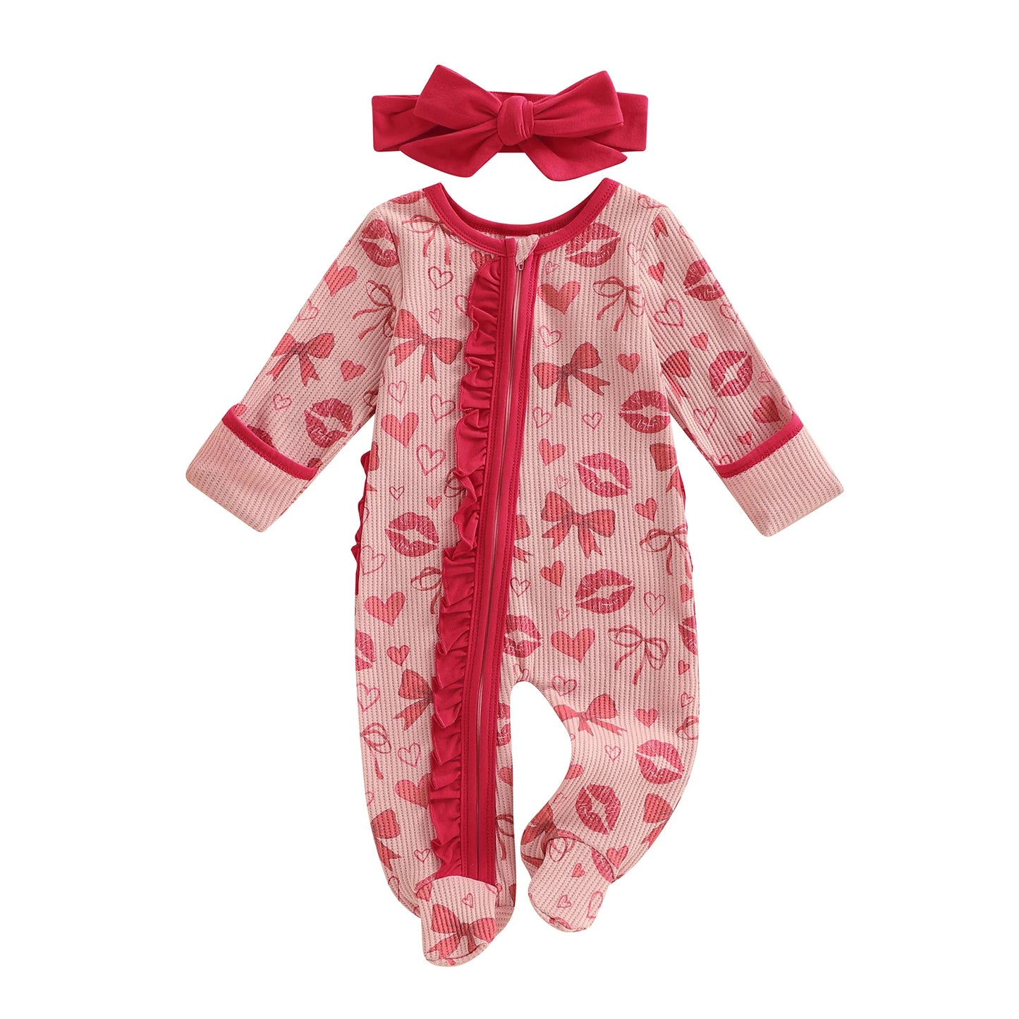 Baby Girls 2Pcs Valentine's Day Outfits Heart Lip Print Long Sleeve Round Neck Ruffled Zipper Romper Footed Jumpsuit with Bow Headband Set