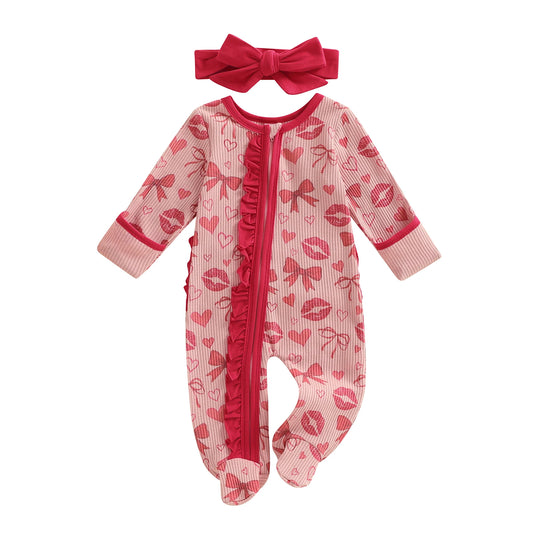 Baby Girls 2Pcs Valentine's Day Outfits Heart Lip Print Long Sleeve Round Neck Ruffled Zipper Romper Footed Jumpsuit with Bow Headband Set