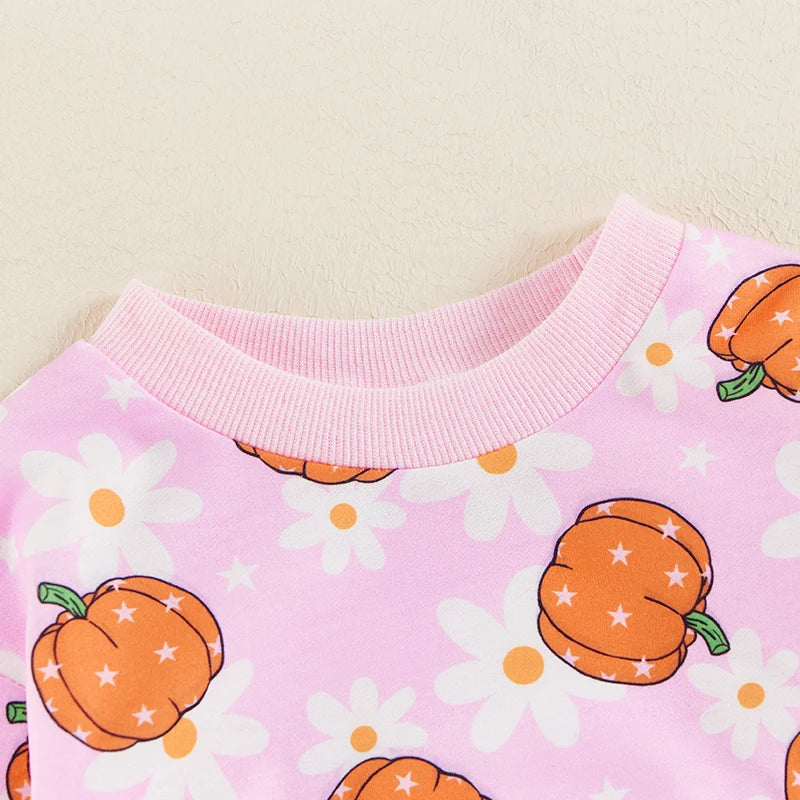 Baby Girls Halloween Romper Long Sleeve O Neck Pumpkin Flower Print Bubble Romper