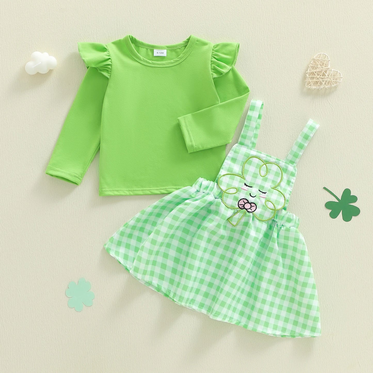 Baby Toddler Girls 2Pcs St. Patrick's Day Outfits Solid Color Long Sleeve Top Shamrock Embroidery Plaid Suspender Overalls Skirt Dress Two Piece Set
