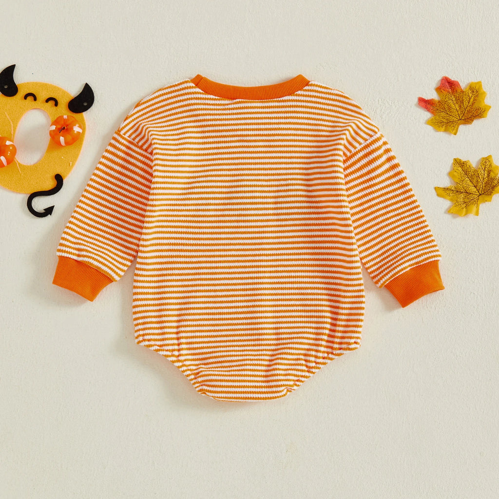 Baby Girls Boys Halloween Striped Romper Pumpkin/Ghost Embroidery Long Sleeve Jumpsuit