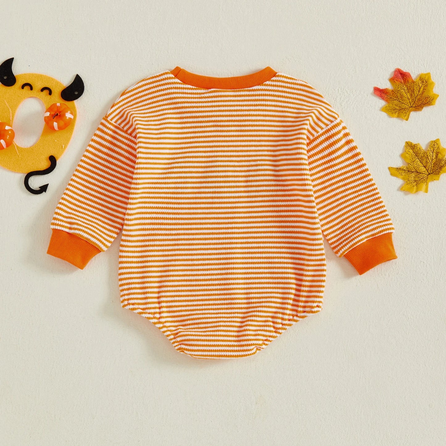 Baby Girls Boys Halloween Striped Romper Pumpkin/Ghost Embroidery Long Sleeve Jumpsuit