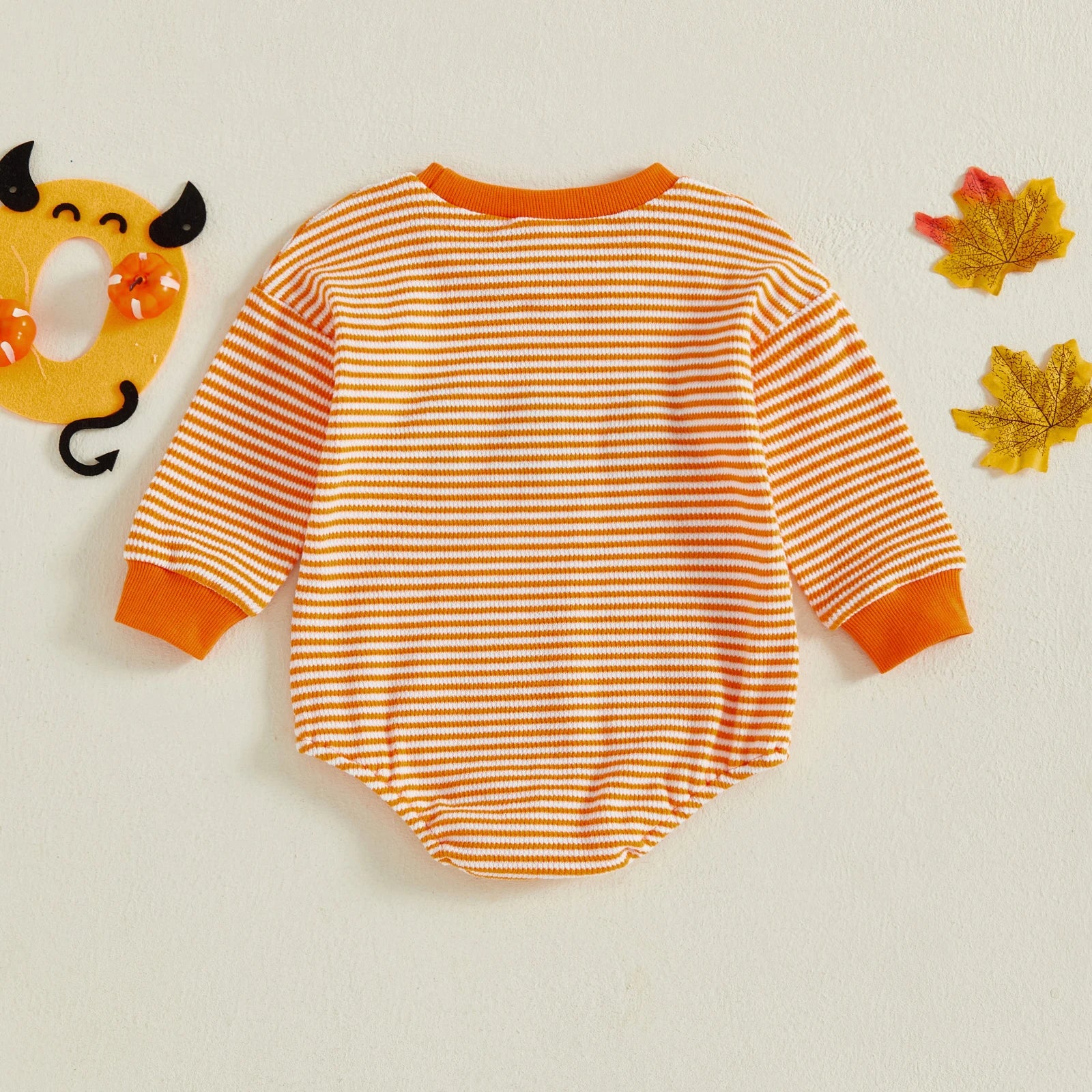 Baby Girls Boys Halloween Striped Romper Pumpkin/Ghost Embroidery Long Sleeve Jumpsuit