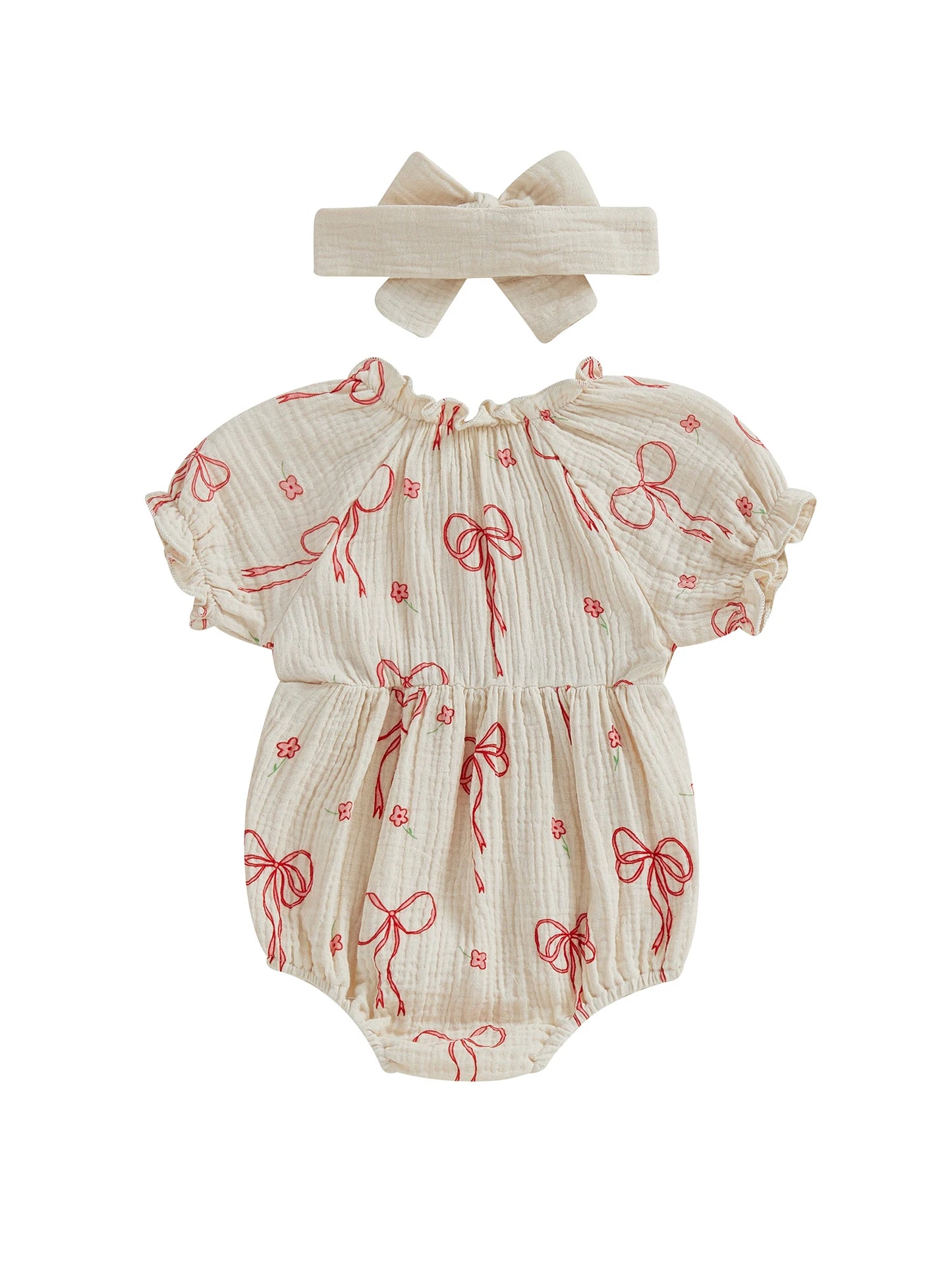 Baby Girls 2Pcs Outfit Cute Short Sleeve Round Neck Bow Flower Print Jumpsuit with Headband Set