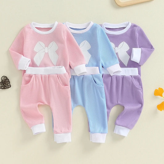 Baby Toddler Girls 2Pcs Fall Outfit Bow Print Crew Neck Long Sleeve Waffle Top and Long Pants Set