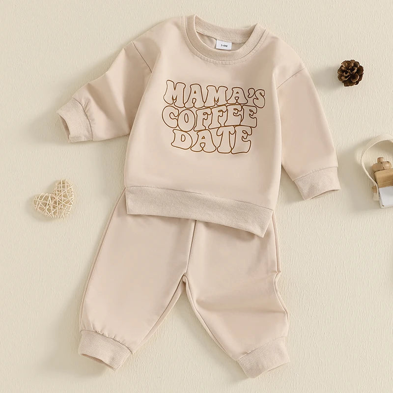 Baby Toddler Boys Girls 2Pcs Mama's Coffee Date Outfit Letter Print Long Sleeve Crewneck Top and Elastic Pants Jogger Set Fall