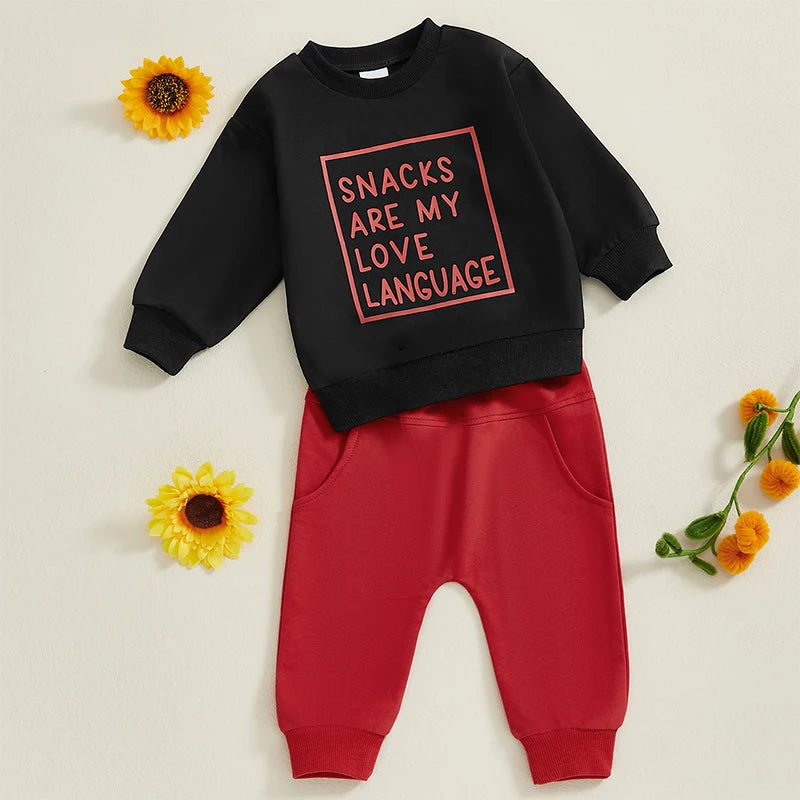 Baby Toddler Boys 2Pcs Snacks Are My Love Language Fall Outfit Letter Print Long Sleeve Top and Long Pants Jogger Set