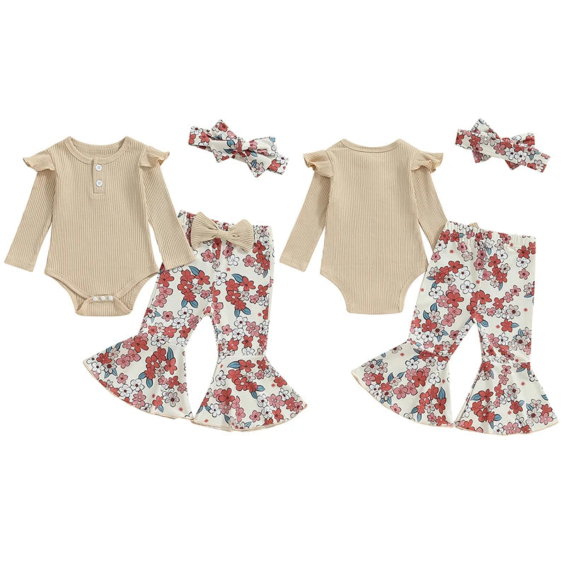 Baby Girls 3Pcs Fall Outfit Ruffle Ribbed Long Sleeve Romper Flower Flare Pants Tie Headband Set