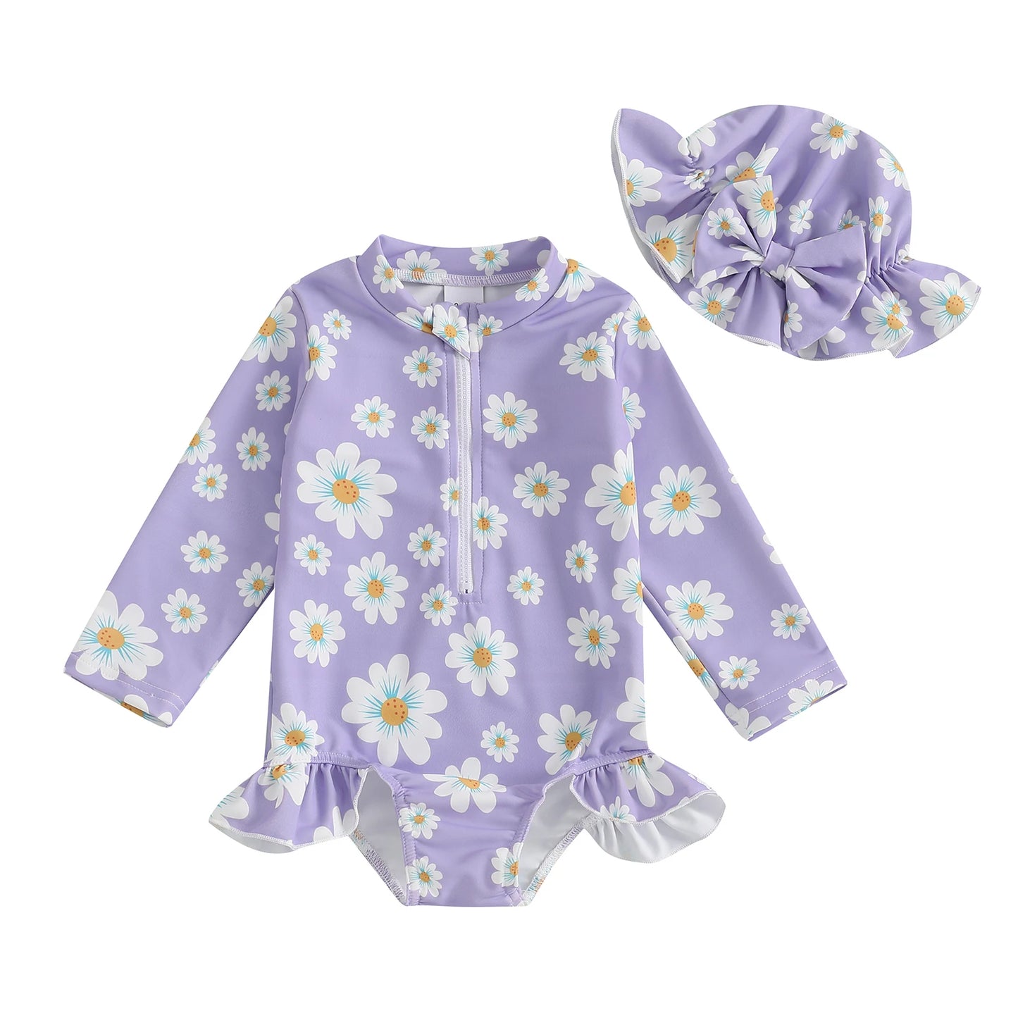 Baby Toddler Girls 2Pcs Swimsuit Long Sleeve Floral/Bow Print Ruffles Bathing Suit Swimwear with Swim Cap Set