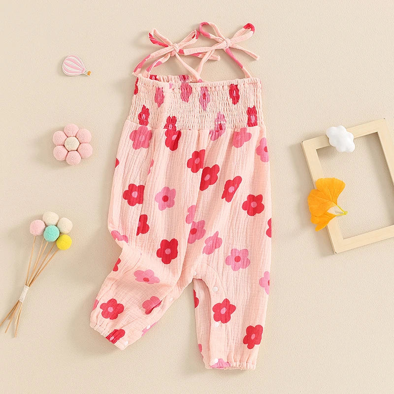 Baby Girl Romper Flower Print Shirred Square Neck Tie-Up Spaghetti Strap Tank Top Jumpsuit Summer Overalls