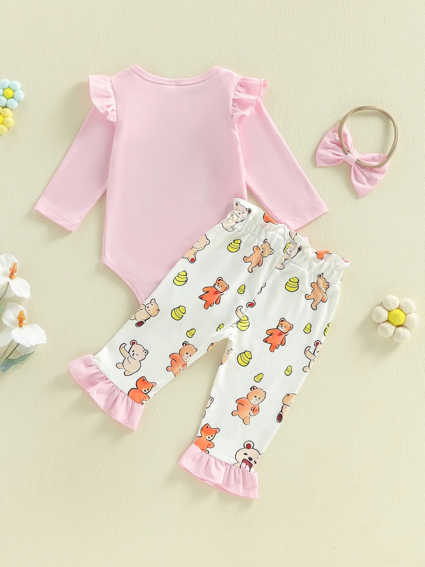 Baby Girl 3Pcs Spring Outfit Honey Bear Long Sleeve Romper Ruffle Pants and Bow Headband 3 Piece Set