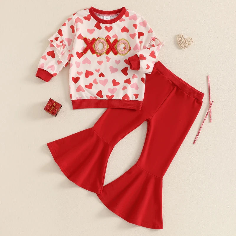 Baby Toddler Kids Girls 2Pcs Valentine’s Day Outfit XOXO Long Sleeve Ruffle Crewneck Top + Flare Pants Valentines Set