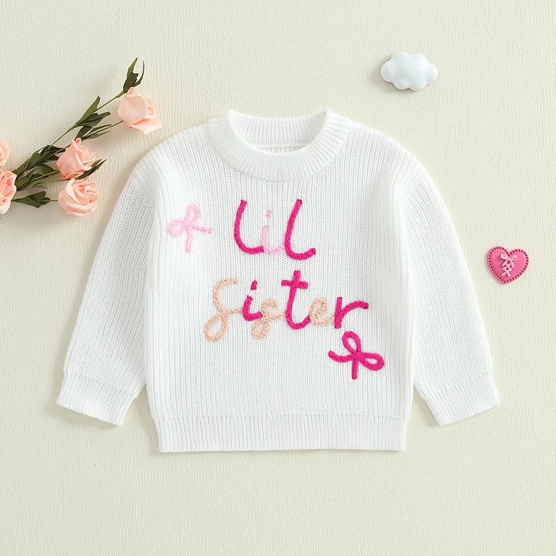 Baby Toddler Girls Lil/Big Sister Sweater Letter Bow Embroidery Crew Neck Long Sleeve Pullover Knit Top