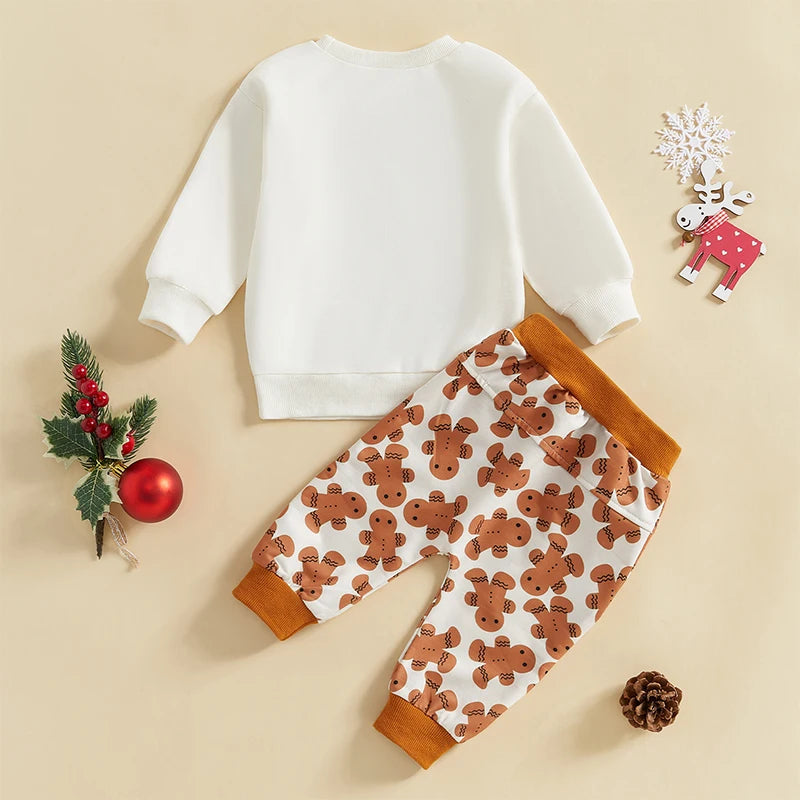Baby Toddler Boys Girls 2Pcs Christmas Sets Long Sleeve Letter Gingerbread Man Embroidery Top Drawstring Pant Jogger Set