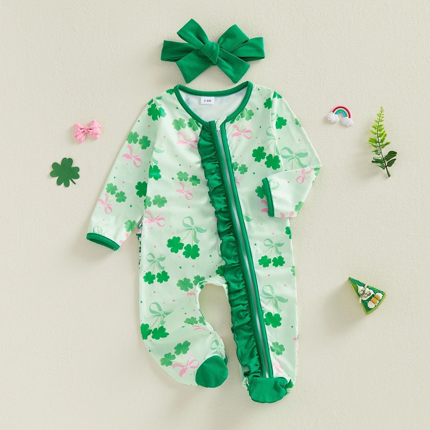 Baby Girl 2Pcs St. Patrick's Day Jumpsuit Long Sleeve O Neck Bow Clover Print Zipper Footed Romper with Headband Set