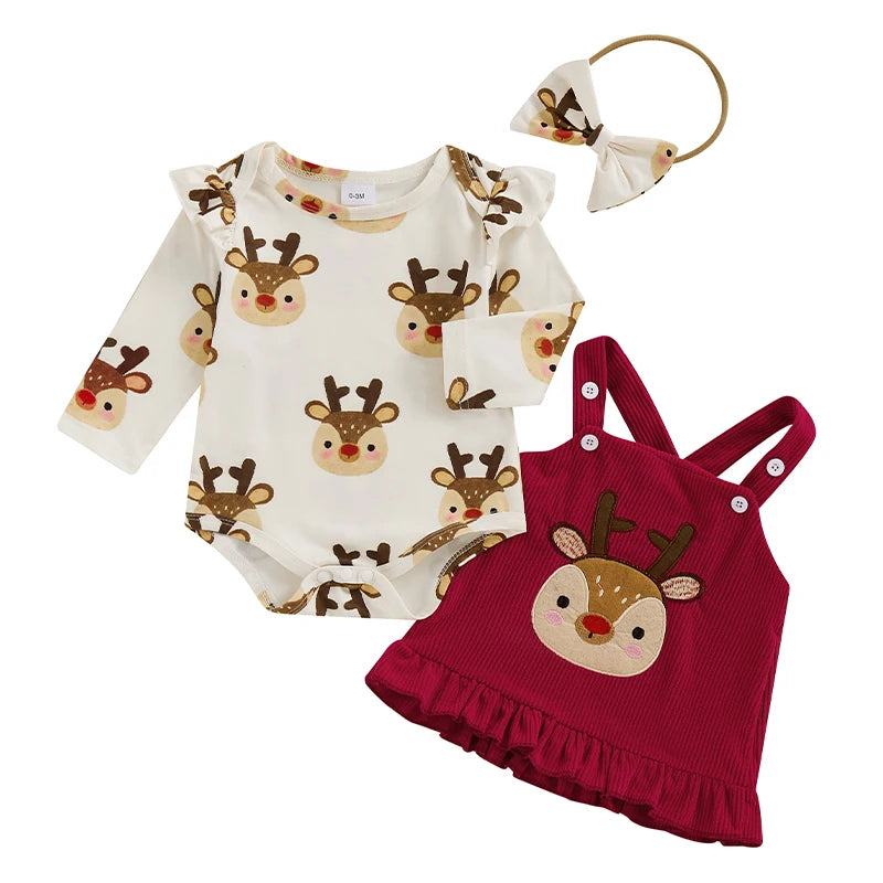 Baby Girls 3Pcs Christmas Outfit Reindeer / Gingerbread Man Print Romper Corduroy Overalls Dress Headband Bow Set