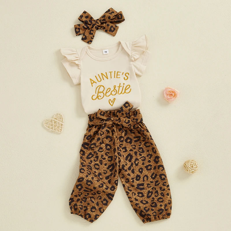 Baby Girls 3Pcs Auntie's Bestie Outfit Short Sleeve Letter Print Romper with Leopard Pattern Print Belted Pants and Headband Set