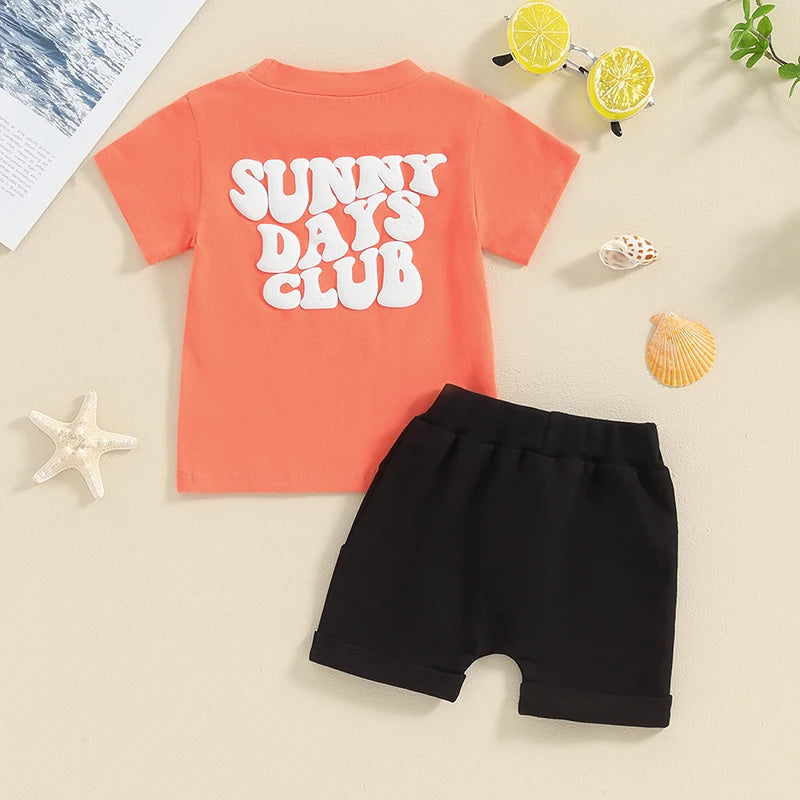 Toddler Baby Boy Girl 2Pcs Outfits Sunny Days Club Wave Short Sleeve T-Shirt Top Pants Shorts Set Summer