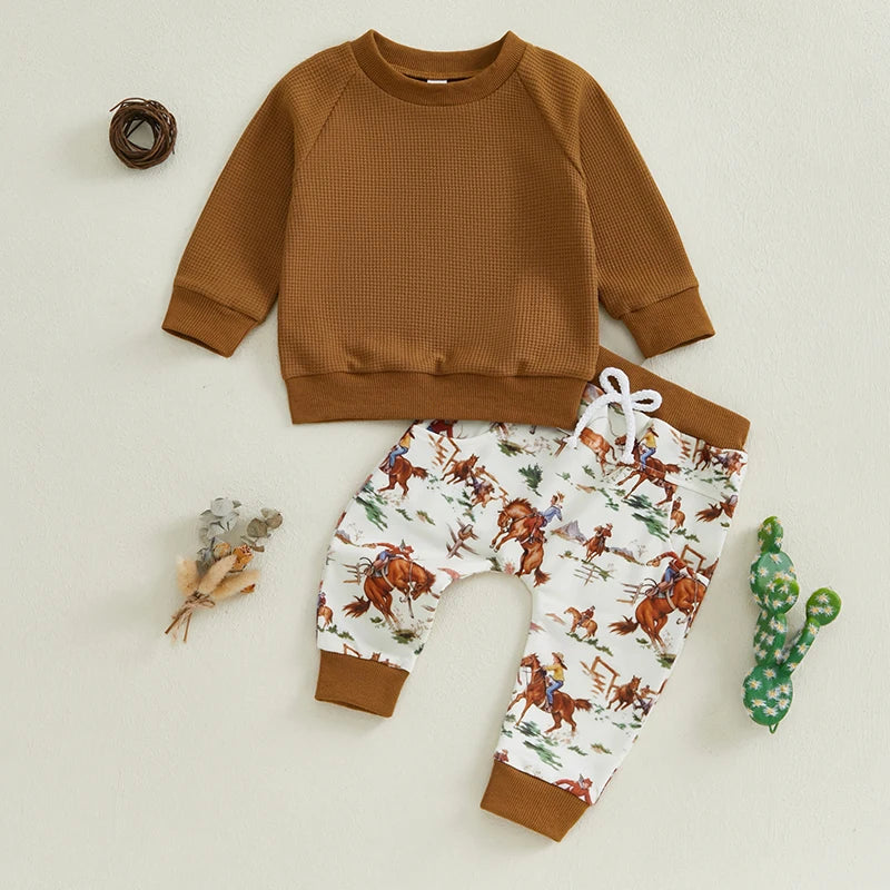 Baby Toddler Boys 2Pcs Fall Western Outfit Solid Long Sleeve Pullover Crewneck Top Cattle Cow Cowboy Horse Print Elastic Waist Pants Jogger Set