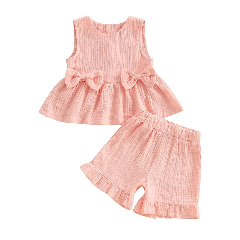 Baby Toddler Kids Girl 2Pcs Summer Clothes Solid Color Bow Round Neck Tank Top + Elastic Waist Ruffled Shorts Set