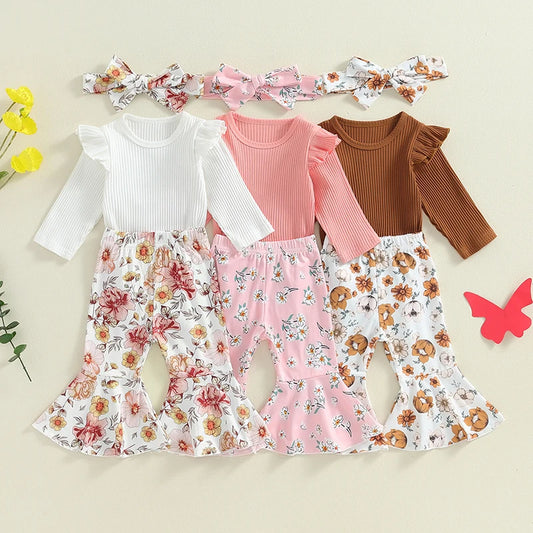 Baby Girls 3Pcs Fall Outfit Long Sleeve Ribbed Romper with Floral Flower Print Flare Pants and Headband Set