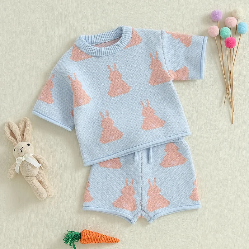 Baby Toddler Girls 2Pcs Easter Outfit Bunny Rabbit Print Knitted Short Sleeve Top and Elastic Knit Shorts Set Cute Spring Clothes