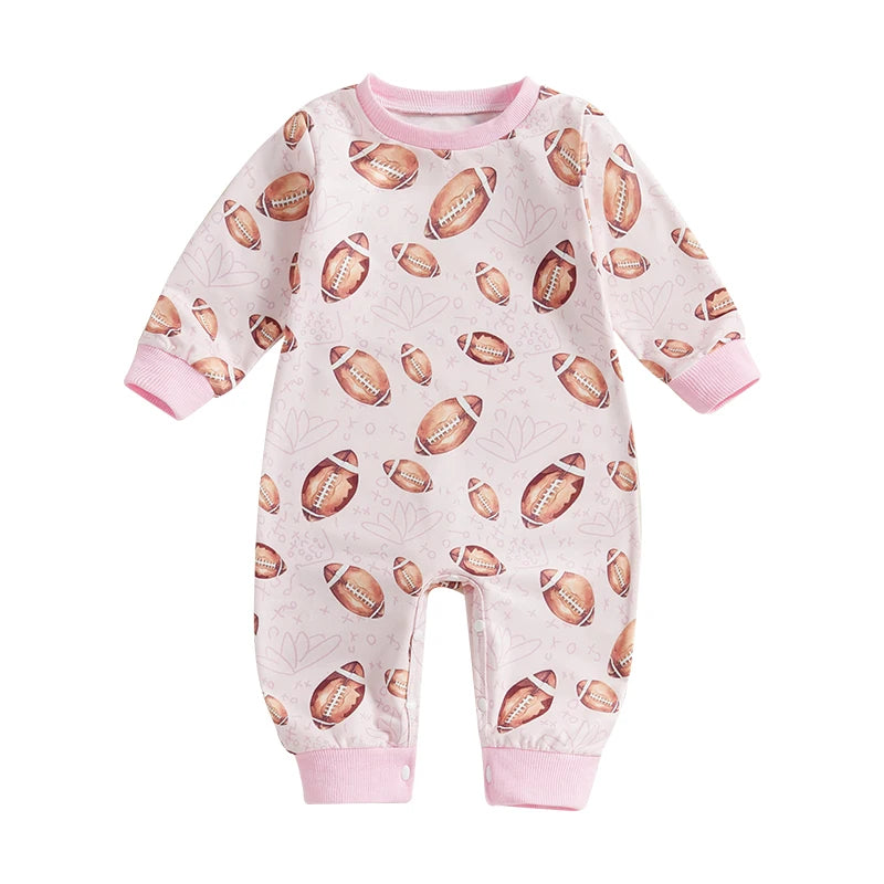 Baby Girls Crewneck Fall Romper Football Print Long Sleeve Jumpsuit