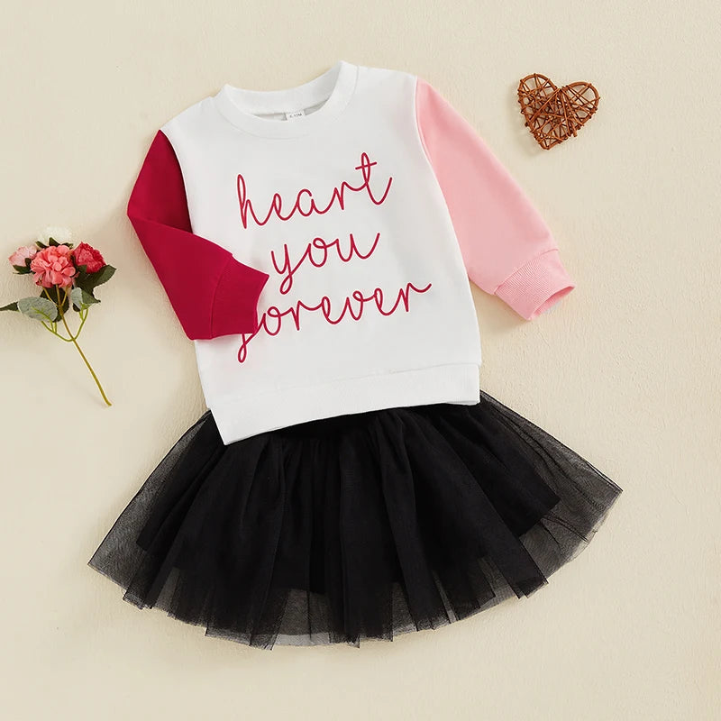 Baby Toddler Girls 2Pcs Heart You Forever Valentine's Day Set Long Sleeve Letters Print Contrast Color Crewneck Top with Tulle Tutu Skirt Valentines Outfit