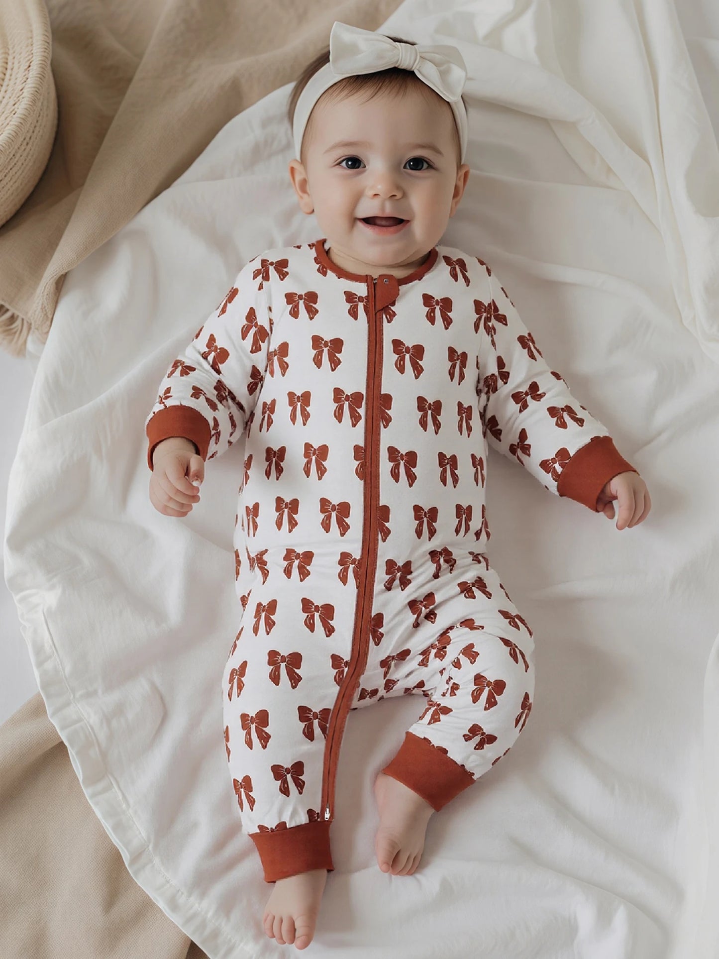 Baby Girl Zipper Romper Long Sleeve Round Neck Bow Print Jumpsuit