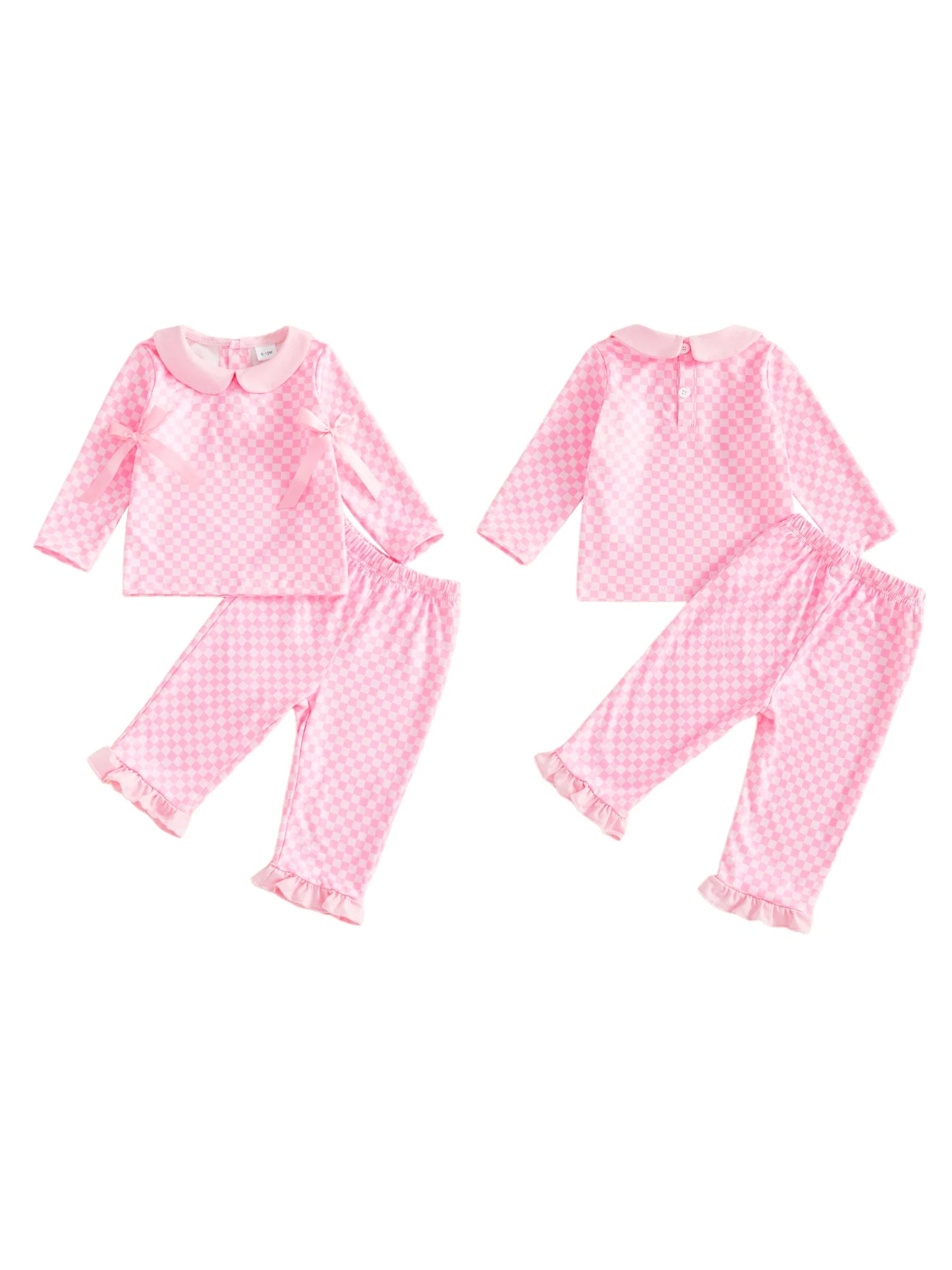 Baby Toddler Girls 2Pcs Pants Sets Long Sleeve Doll Collar Plaid Top Flared Pants Set